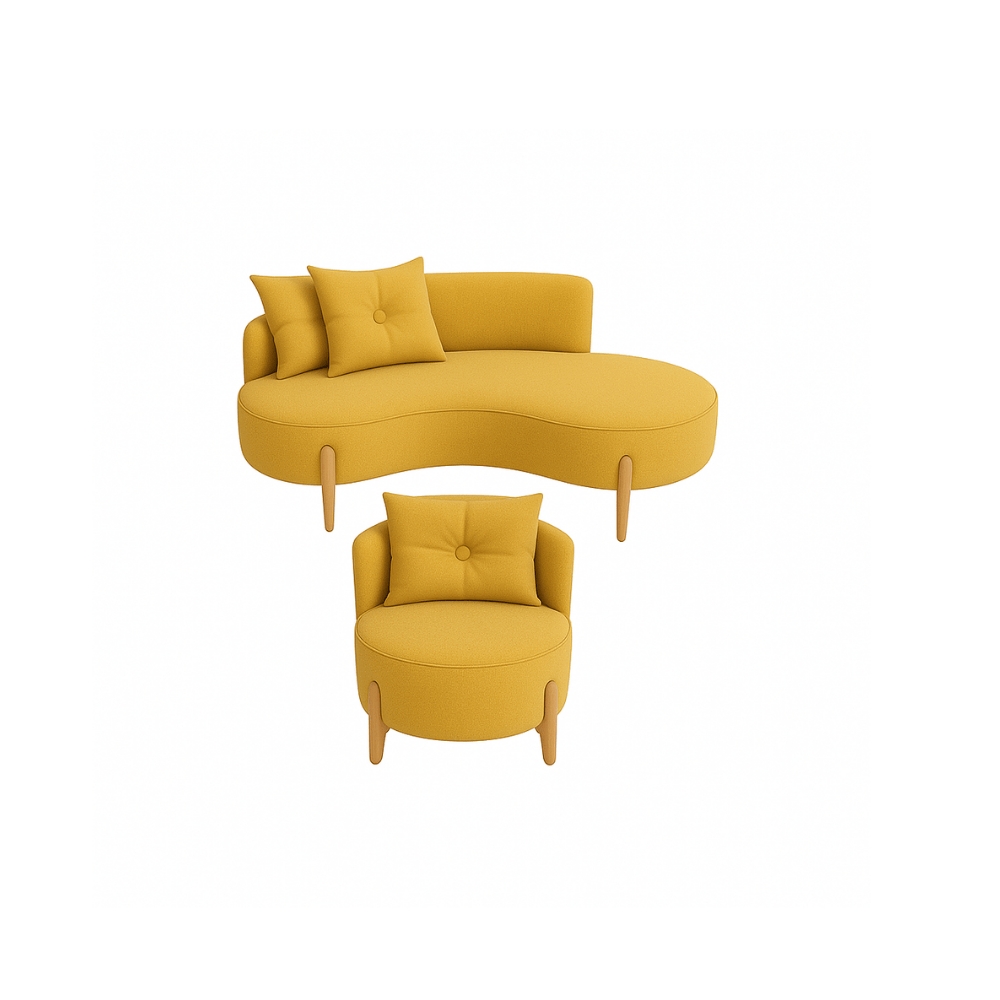Conjunto 01 Poltrona + Sofá Curvo Orgânico Veludo Amarelo - Montanaris Decor