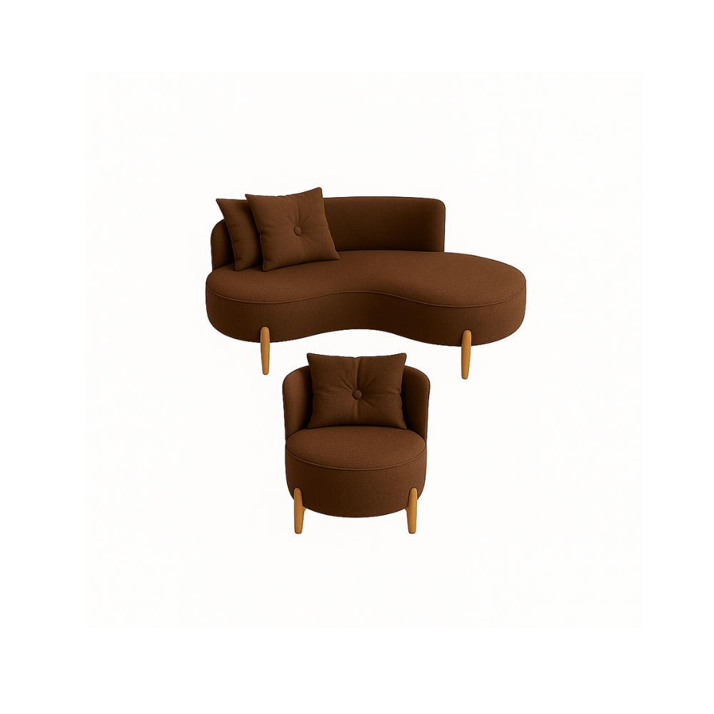 Conjunto 01 Poltrona + Sofá Curvo Orgânico Veludo Marrom - Montanaris Decor