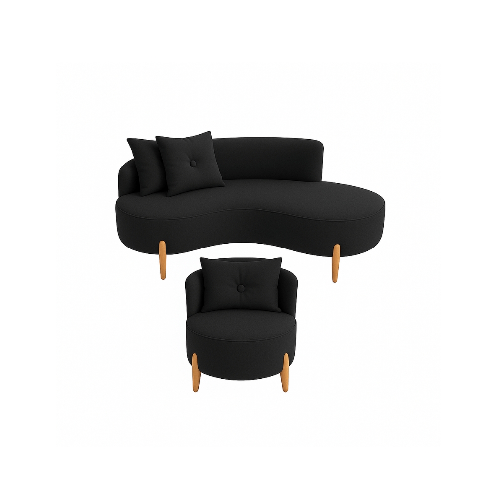 Conjunto 01 Poltrona + Sofá Curvo Orgânico Veludo Preto - Montanaris Decor