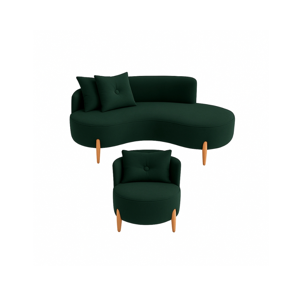 Conjunto 01 Poltrona + Sofá Curvo Orgânico Veludo Verde - Montanaris Decor