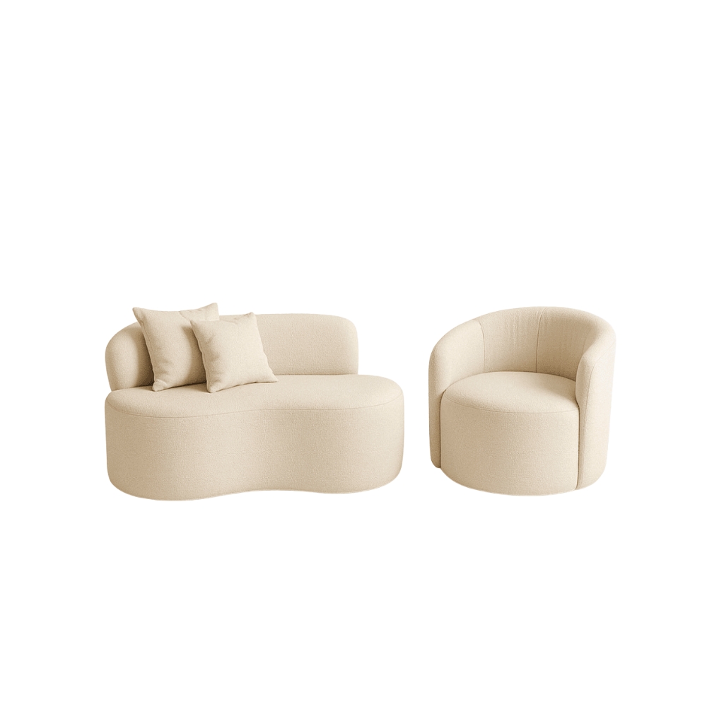 Conjunto 02 Poltronas + Sofá e Puff Curvo Orgânico Nature Gaia Boucle Bege - Montanaris Decor