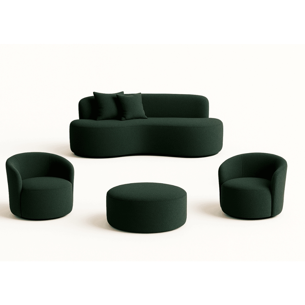 Conjunto 02 Poltronas + Sofá e Puff Curvo Orgânico Nature Gaia Boucle Verde - Montanaris Decor