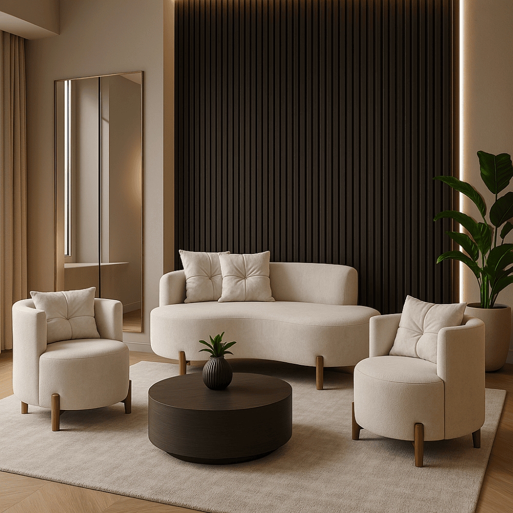 Conjunto 2 Poltronas + Sofá Curvo Orgânico Boucle Bege - Montanaris Decor