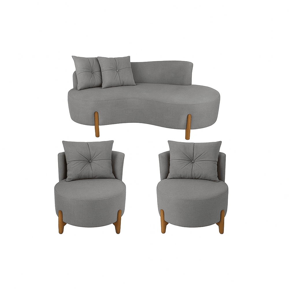 Conjunto 2 Poltronas + Sofá Curvo Orgânico Boucle Cinza - Montanaris Decor