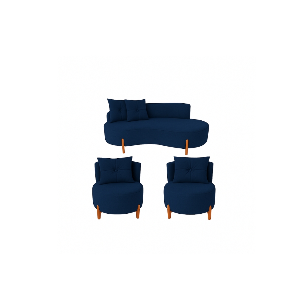 Conjunto 2 Poltronas + Sofá Curvo Orgânico Veludo Azul Marinho - Montanaris Decor