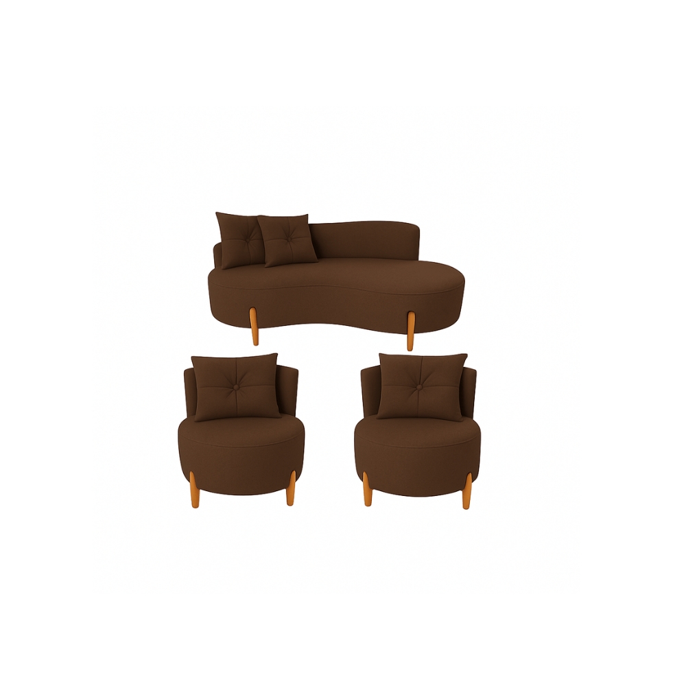 Conjunto 2 Poltronas + Sofá Curvo Orgânico Veludo Marrom - Montanaris Decor