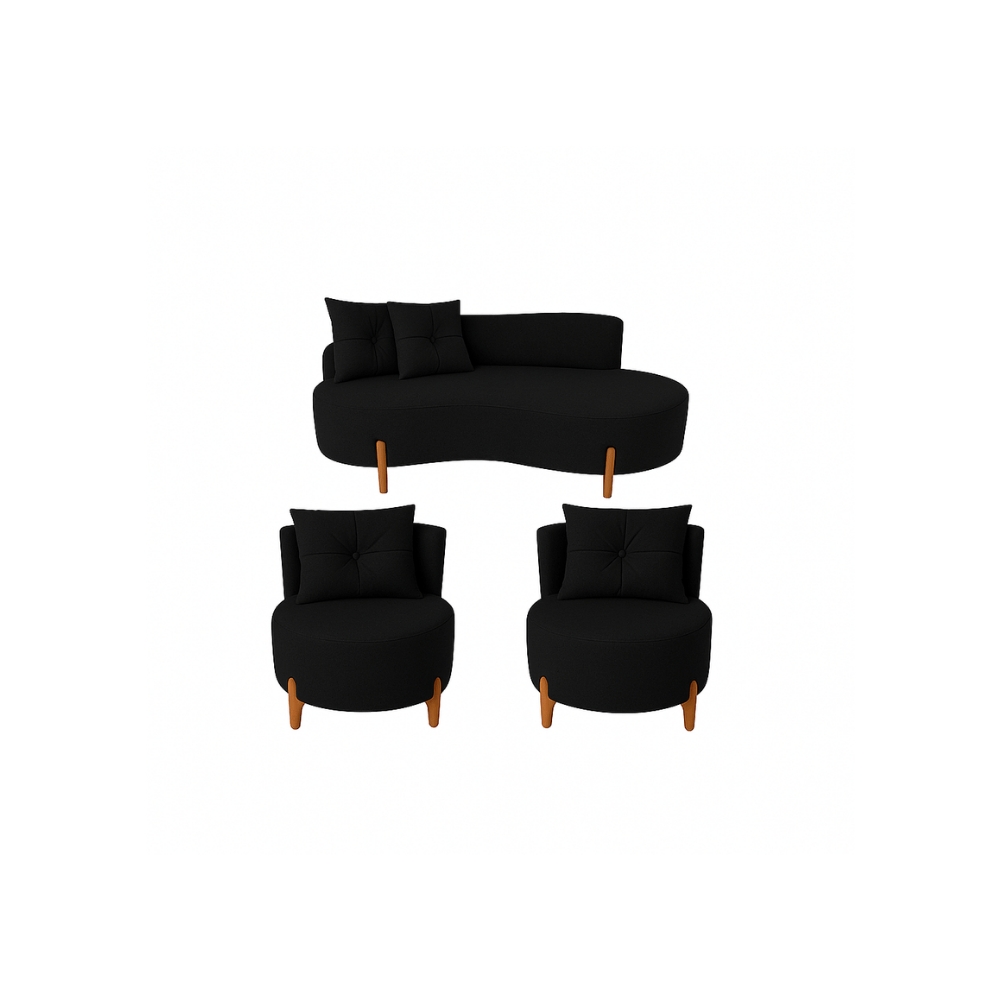 Conjunto 2 Poltronas + Sofá Curvo Orgânico Veludo Preto - Montanaris Decor