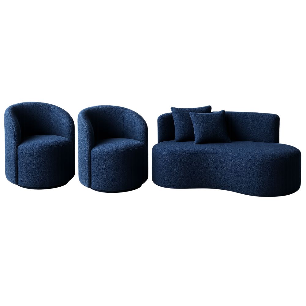 Conjunto Decorativo 02 Poltronas + Sofá Curvo Orgânico Nature Gaia Boucle Azul Marinho - Montanaris Decor