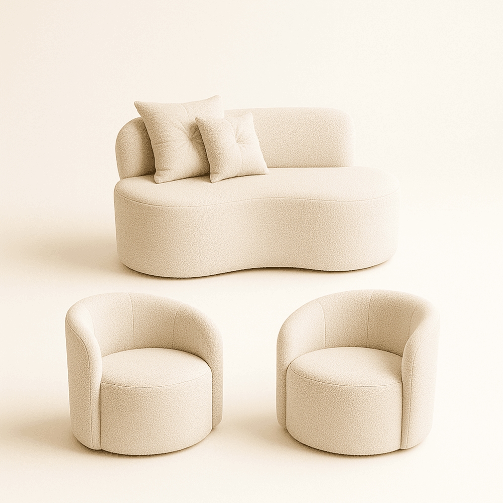 Conjunto Decorativo 02 Poltronas + Sofá Curvo Orgânico Nature Gaia Boucle Bege - Montanaris Decor