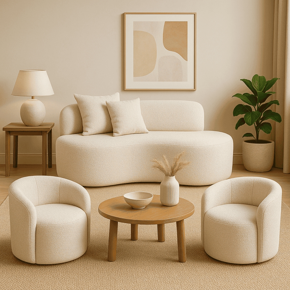 Conjunto Decorativo 02 Poltronas + Sofá Curvo Orgânico Nature Gaia Boucle Bege - Montanaris Decor