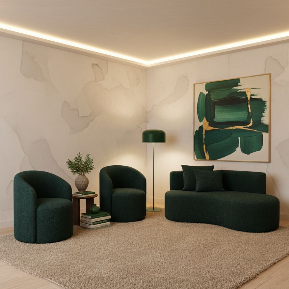Conjunto Decorativo 02 Poltronas + Sofá Curvo Orgânico Nature Gaia Boucle Verde - Montanaris Decor