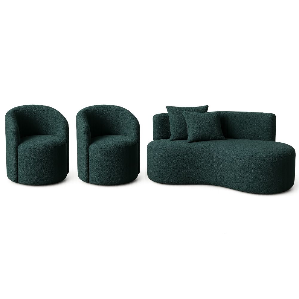 Conjunto Decorativo 02 Poltronas + Sofá Curvo Orgânico Nature Gaia Boucle Verde - Montanaris Decor