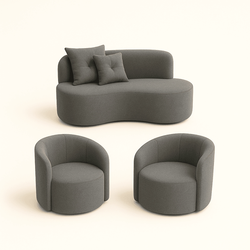 Conjunto Decorativo 02 Poltronas + Sofá Curvo Orgânico Nature Gaia Suede Cinza - Montanaris Decor