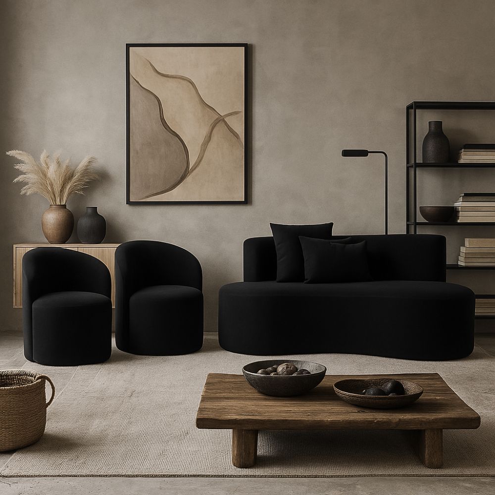 Conjunto Decorativo 02 Poltronas + Sofá Curvo Orgânico Nature Gaia Suede Preto - Montanaris Decor