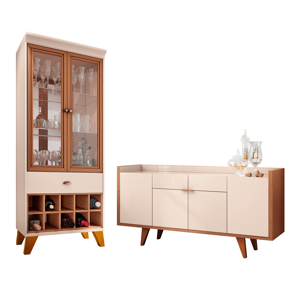 Conjunto Sala de Jantar Cristaleira Liz com Buffet Melanie Off White/Nature - Montanaris Decor