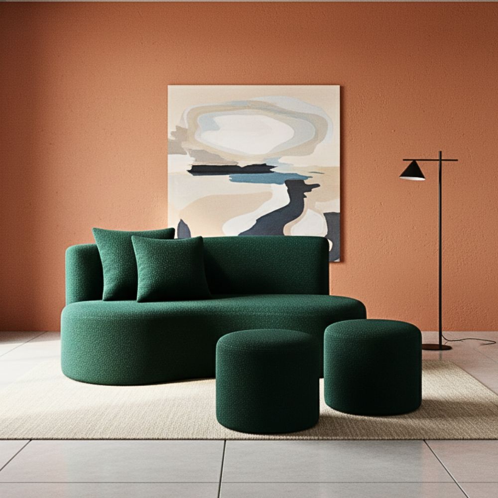 Conjunto Sofá Curvo Orgânico + 2Puffs Nature Gaia Boucle Verde - Montanaris Decor