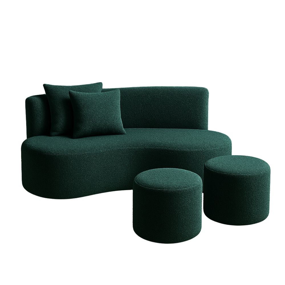 Conjunto Sofá Curvo Orgânico + 2Puffs Nature Gaia Boucle Verde - Montanaris Decor