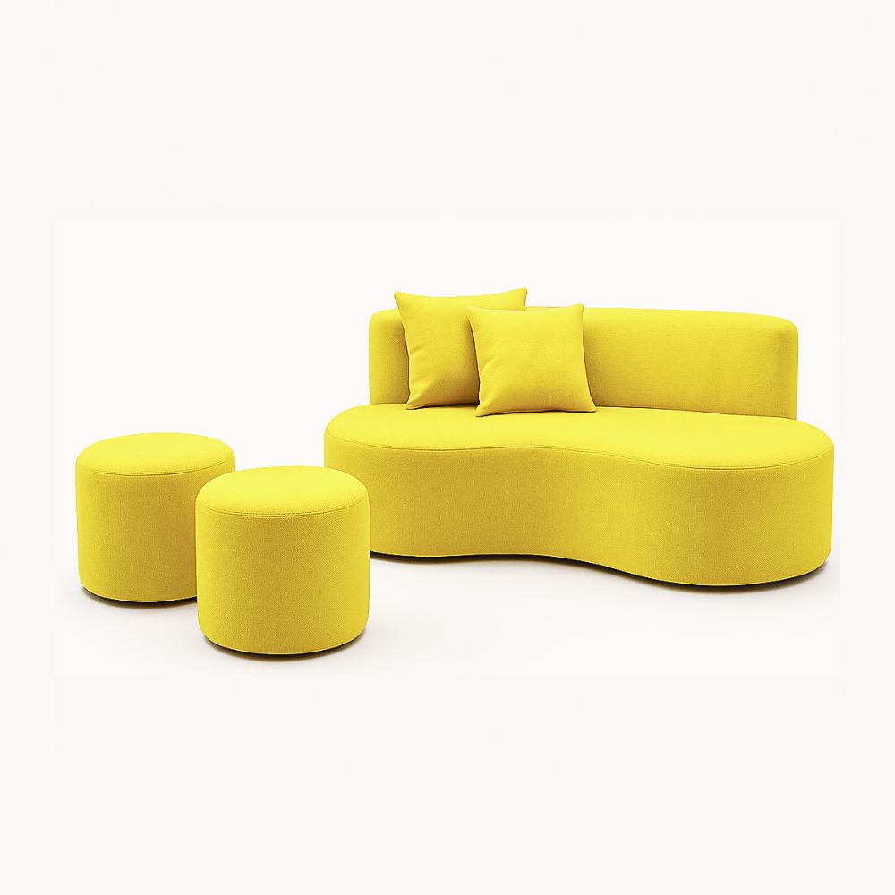 Conjunto Sofá Curvo Orgânico + 2Puffs Nature Gaia Suede Amarelo - Montanaris Decor
