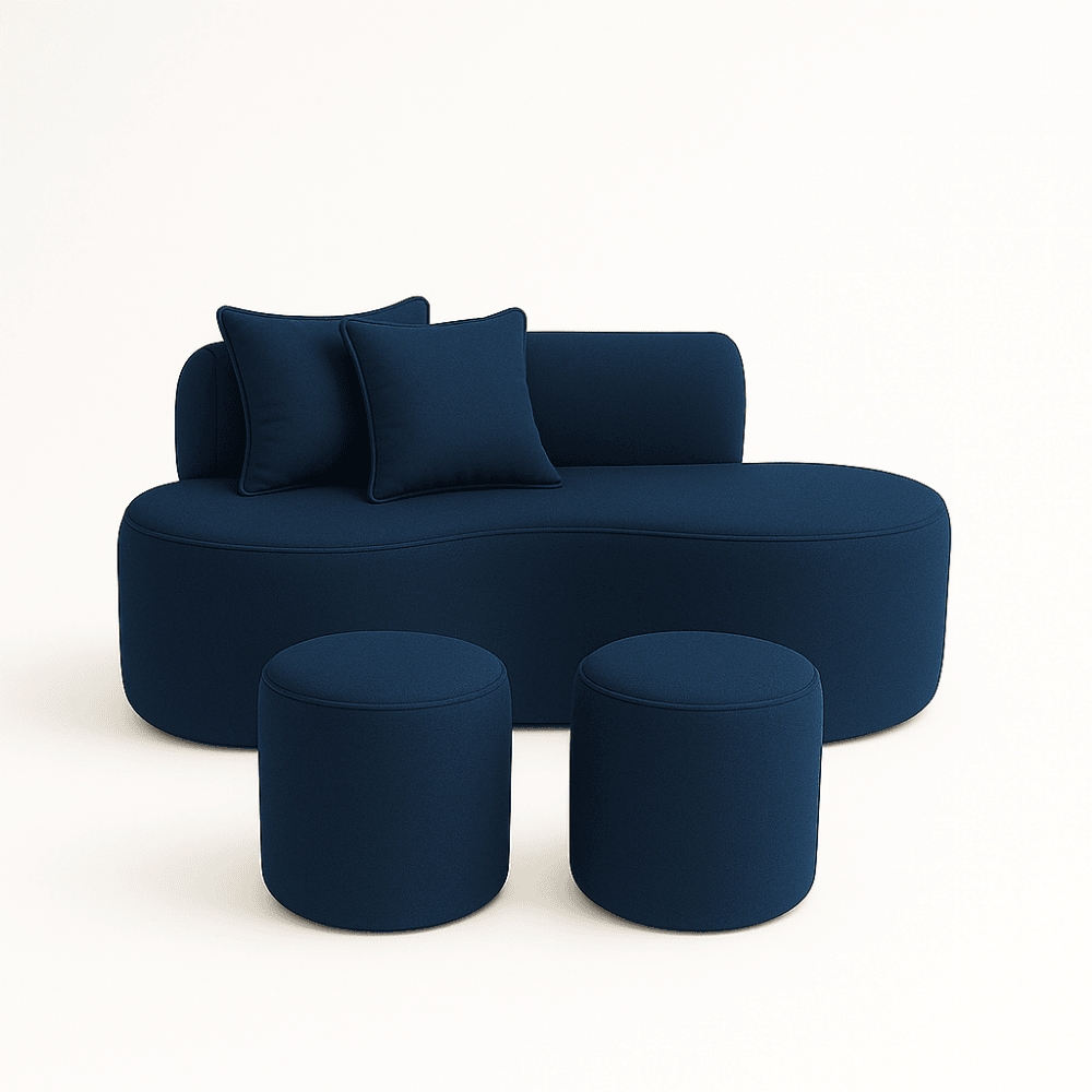 Conjunto Sofá Curvo Orgânico + 2Puffs Nature Gaia Suede Azul Marinho  - Montanaris Decor