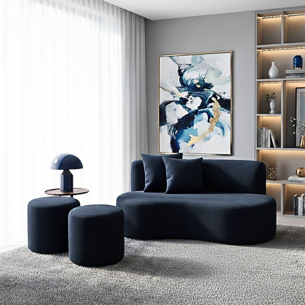 Conjunto Sofá Curvo Orgânico + 2Puffs Nature Gaia Suede Azul Marinho  - Montanaris Decor