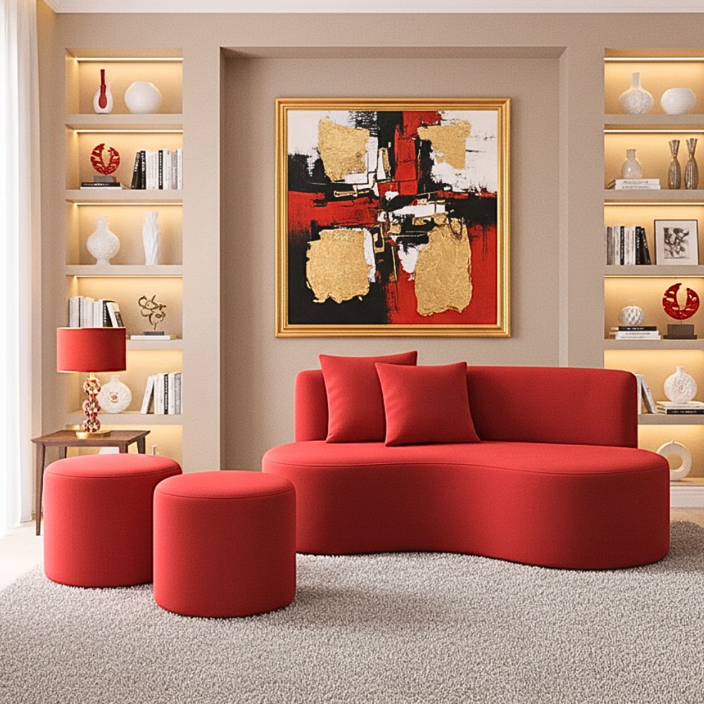 Conjunto Sofá Curvo Orgânico + 2Puffs Nature Gaia Suede Vermelho - Montanaris Decor