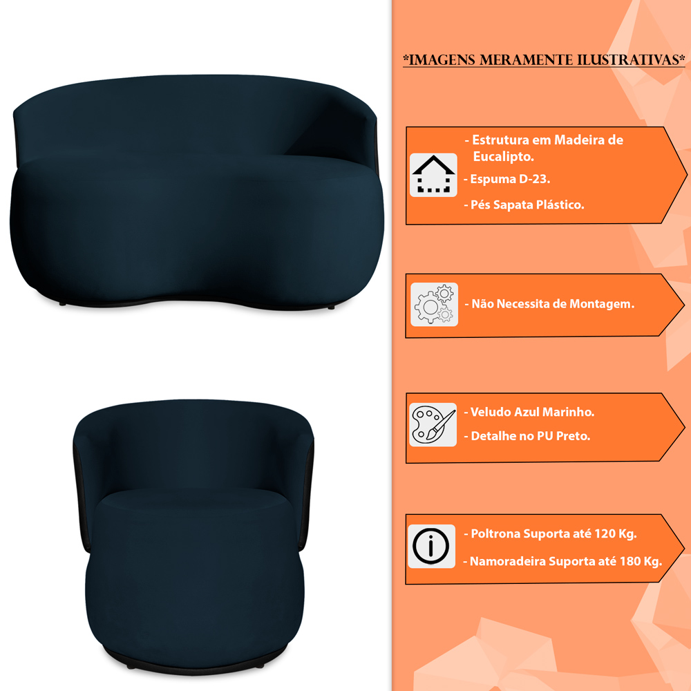 Conjunto Sofá Namoradeira com Poltrona Lara Veludo Azul Marinho/PU Preto - Montanaris Decor