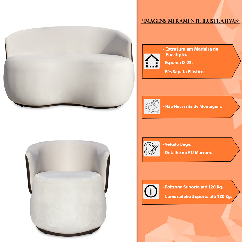 Conjunto Sofá Namoradeira com Poltrona Lara Veludo Bege/PU Marrom - Montanaris Decor