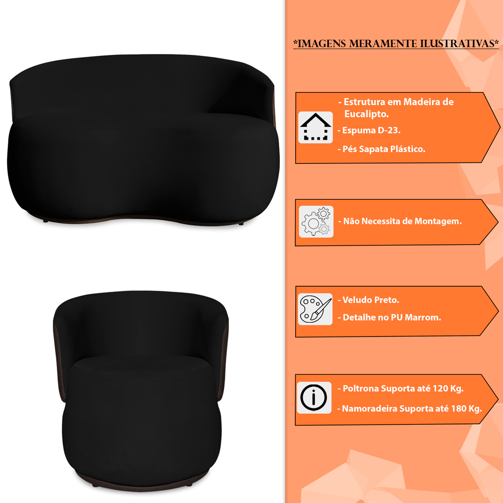 Conjunto Sofá Namoradeira com Poltrona Lara Veludo Preto/PU Marrom - Montanaris Decor