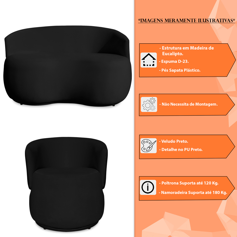 Conjunto Sofá Namoradeira com Poltrona Lara Veludo Preto/PU Preto - Montanaris Decor