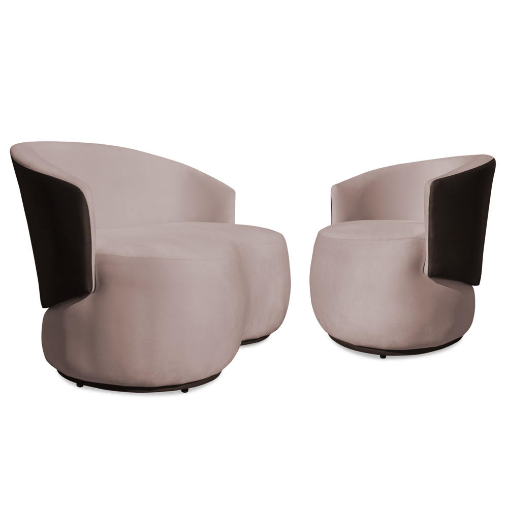 Conjunto Sofá Namoradeira com Poltrona Lara Veludo Rosê/PU Marrom - Montanaris Decor