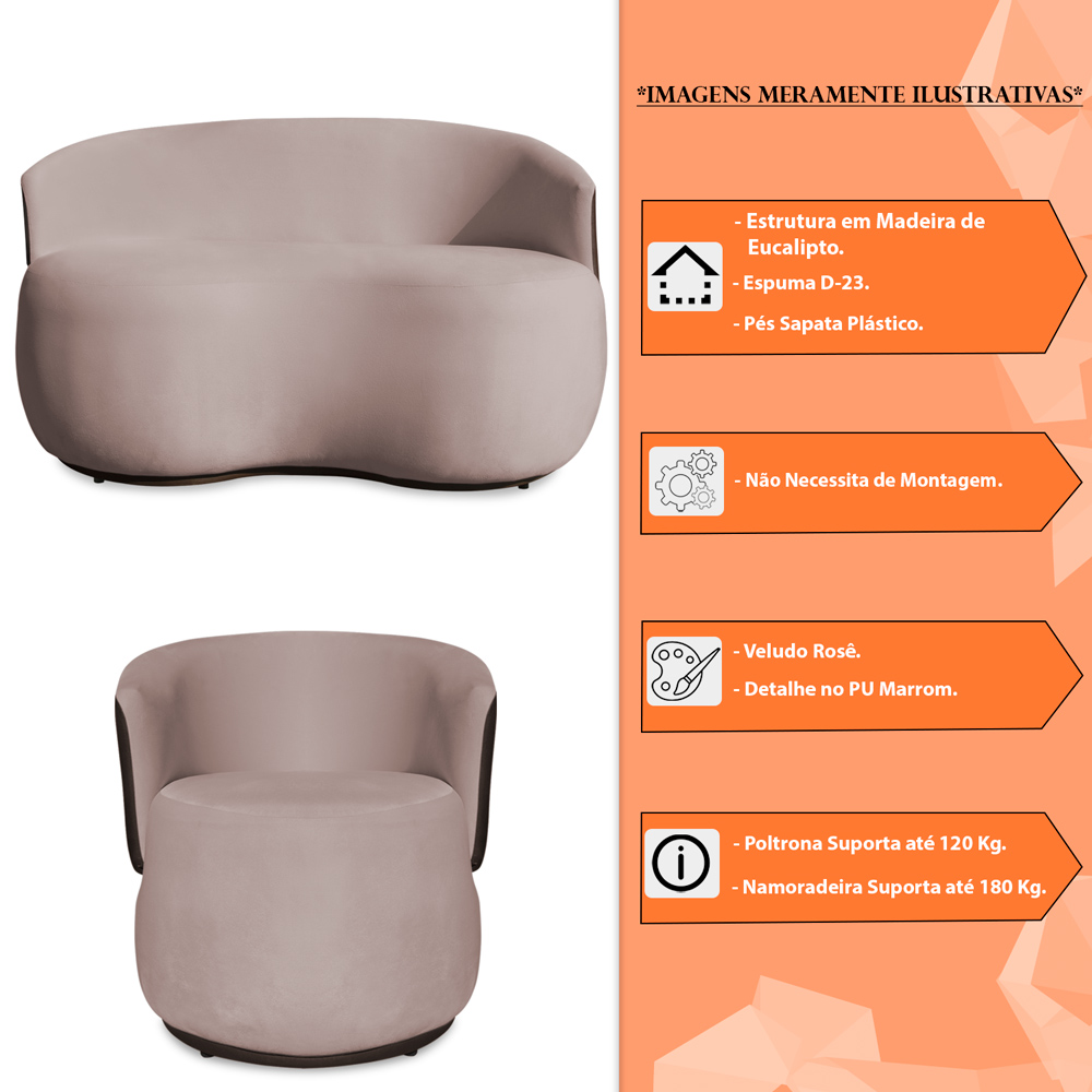 Conjunto Sofá Namoradeira com Poltrona Lara Veludo Rosê/PU Marrom - Montanaris Decor