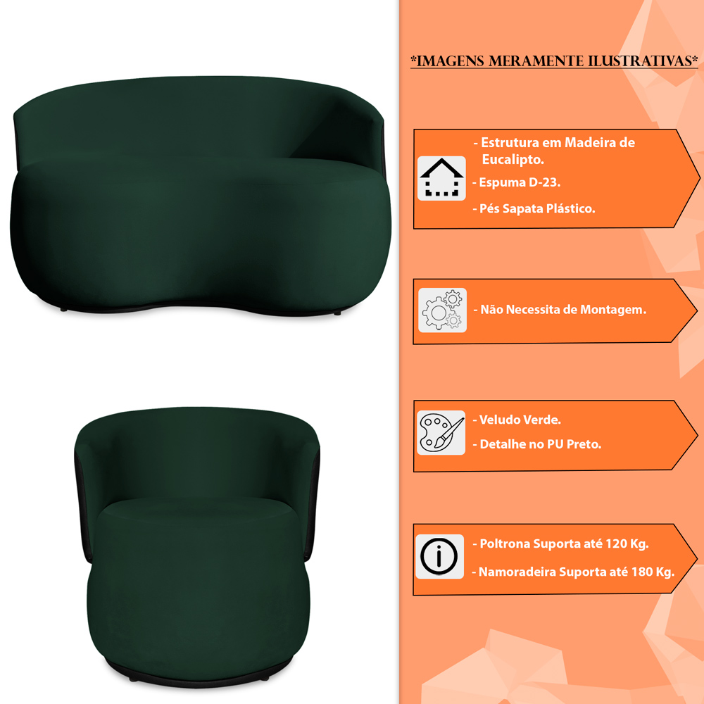 Conjunto Sofá Namoradeira com Poltrona Lara Veludo Verde/PU Preto - Montanaris Decor