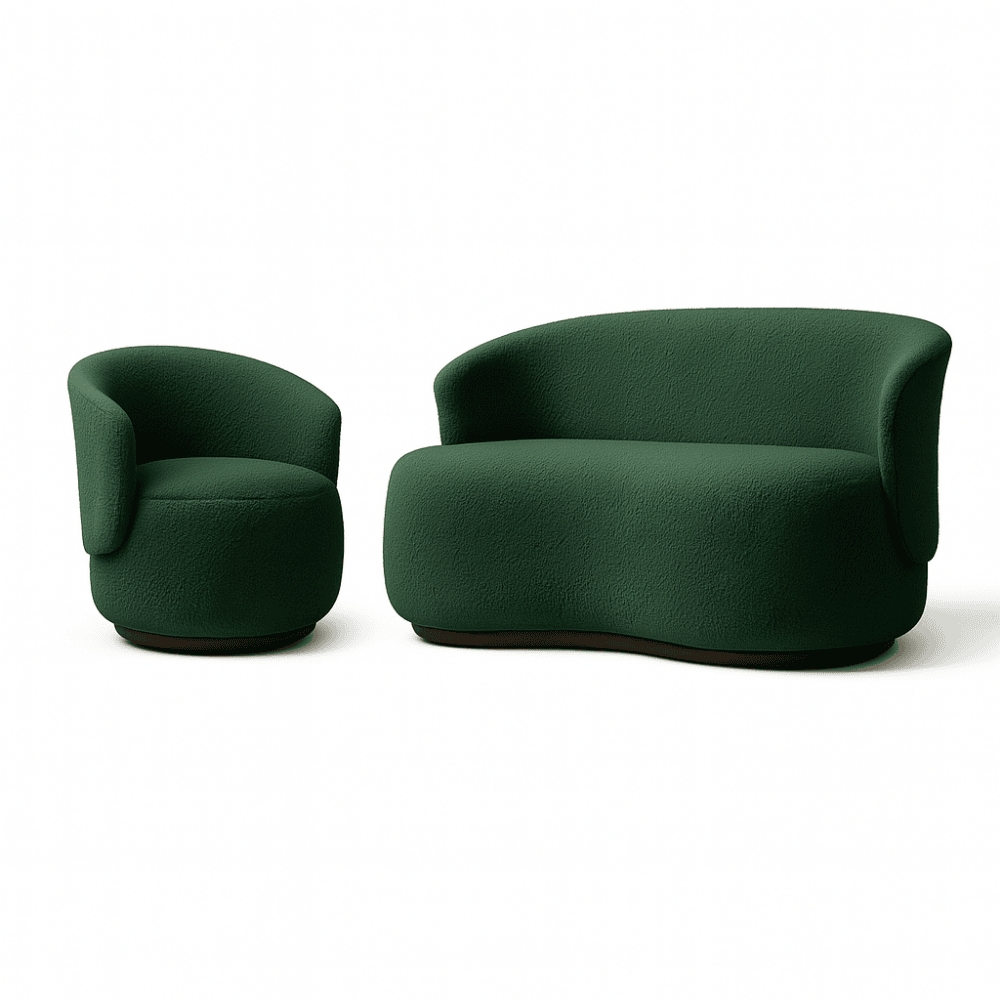 Conjunto de Poltrona + Namoradeira Decorativa Sala Estar Orgânica Beatriz Boucle Verde - Montanaris Decor