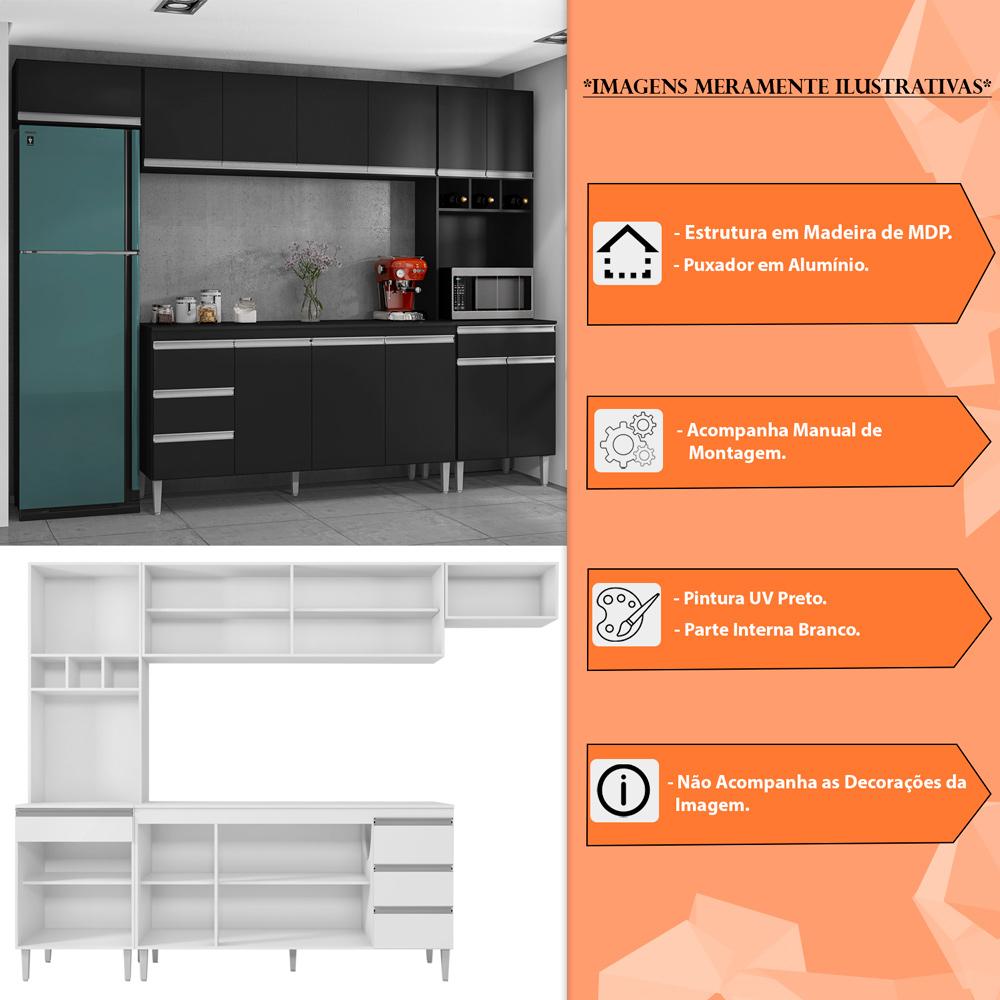 Cozinha Completa Compacta 280cm Madrid Preto - Montanaris Decor