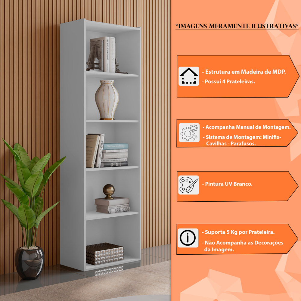 Estante Para Livros com 4 Prateleiras 60cm Julia Branco - Montanaris Decor