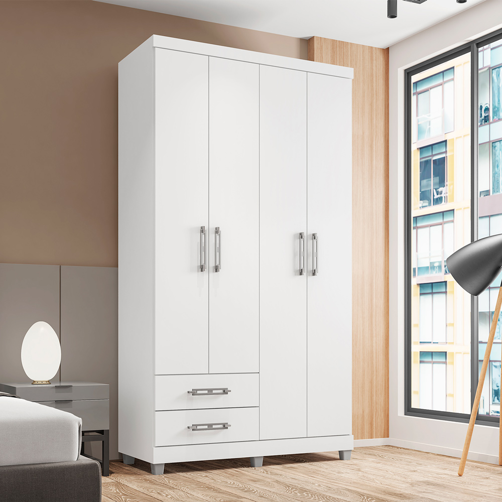 Guarda Roupa Solteiro 4 Portas 2 Gavetas Louise Branco - Montanaris Decor