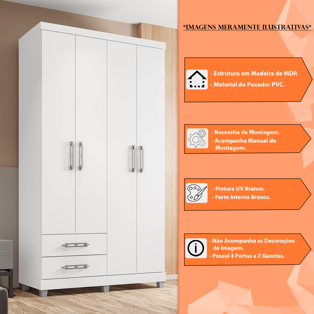 Guarda Roupa Solteiro 4 Portas 2 Gavetas Louise Branco - Montanaris Decor