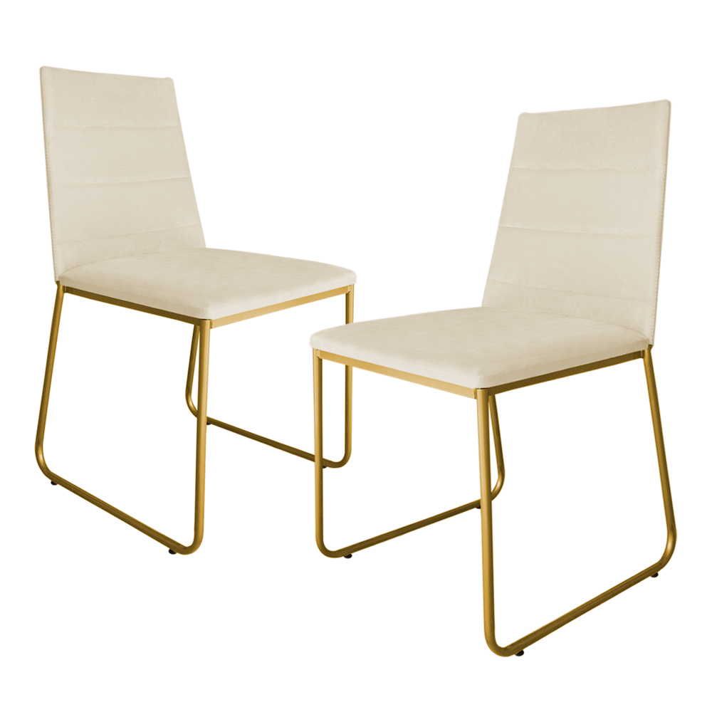 Kit 02 Cadeira de Jantar Estofada Lille Base Gold Courino Bege  - Montanaris Decor