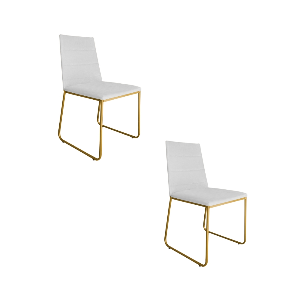 Kit 02 Cadeira de Jantar Estofada Lille Base Gold Courino Branco  - Montanaris Decor