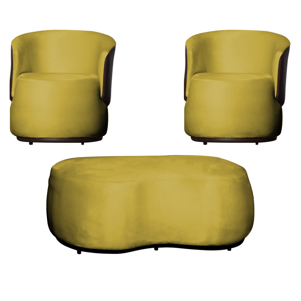 Kit 02 Poltronas  e 01 Puff Decorativo Beatriz Veludo Amarelo/PU Marrom - Montanaris Decor