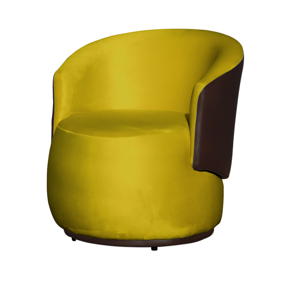 Kit 02 Poltronas  e 01 Puff Decorativo Beatriz Veludo Amarelo/PU Marrom - Montanaris Decor