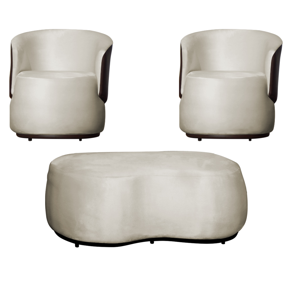 Kit 02 Poltronas  e 01 Puff Decorativo Beatriz Veludo Bege/PU Marrom - Montanaris Decor