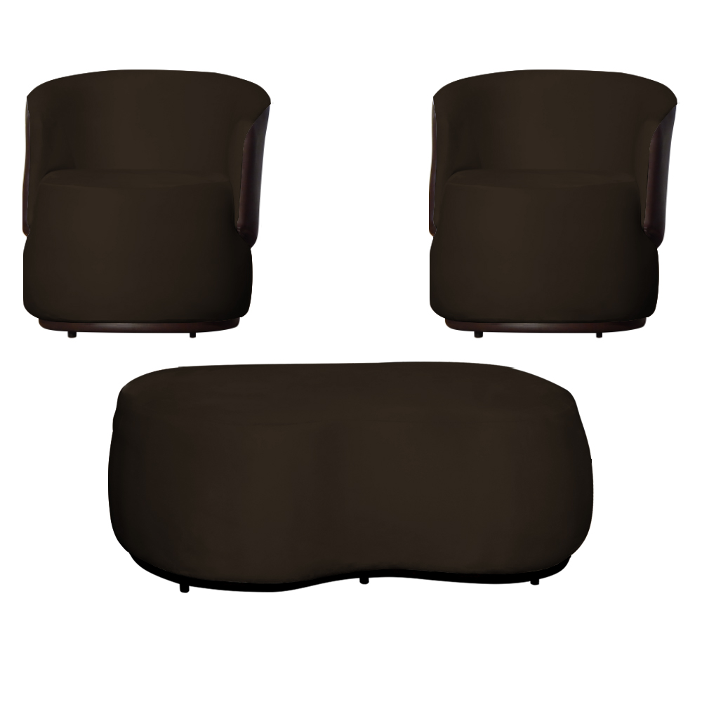 Kit 02 Poltronas  e 01 Puff Decorativo Beatriz Veludo Marrom/PU Marrom - Montanaris Decor