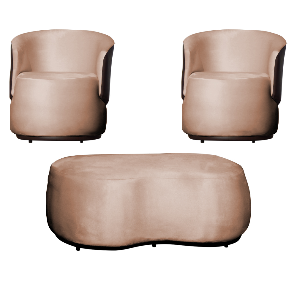 Kit 02 Poltronas  e 01 Puff Decorativo Beatriz Veludo Rosa/PU Marrom - Montanaris Decor