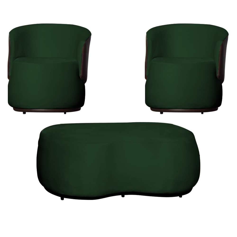 Kit 02 Poltronas  e 01 Puff Decorativo Beatriz Veludo Verde/PU Marrom - Montanaris Decor