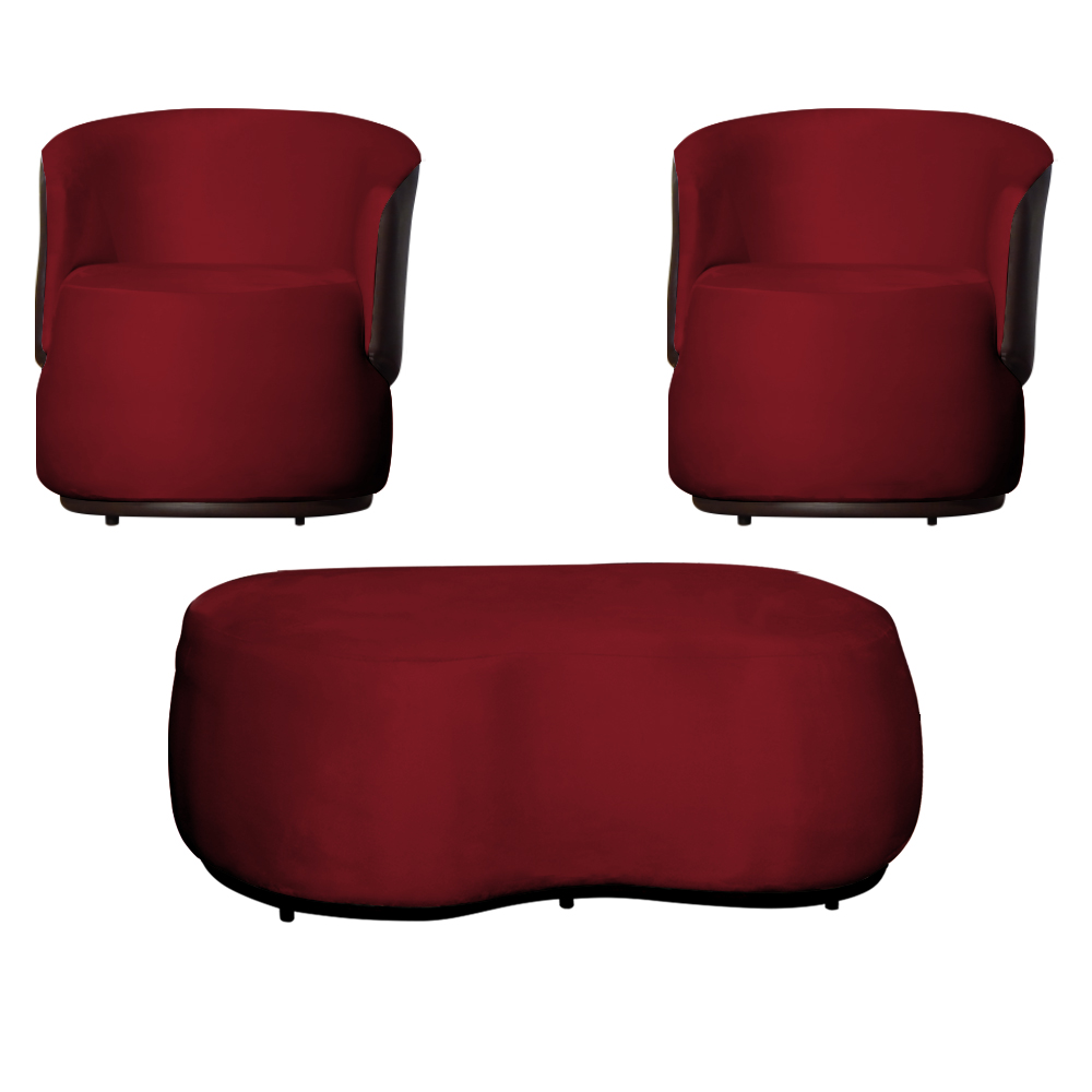 Kit 02 Poltronas  e 01 Puff Decorativo Beatriz Veludo Vermelho/PU Marrom - Montanaris Decor