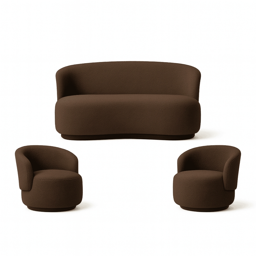 Kit 02 Poltronas + Namoradeira Decorativa Sala Estar Orgânica Beatriz Boucle Marrom - Montanaris Decor