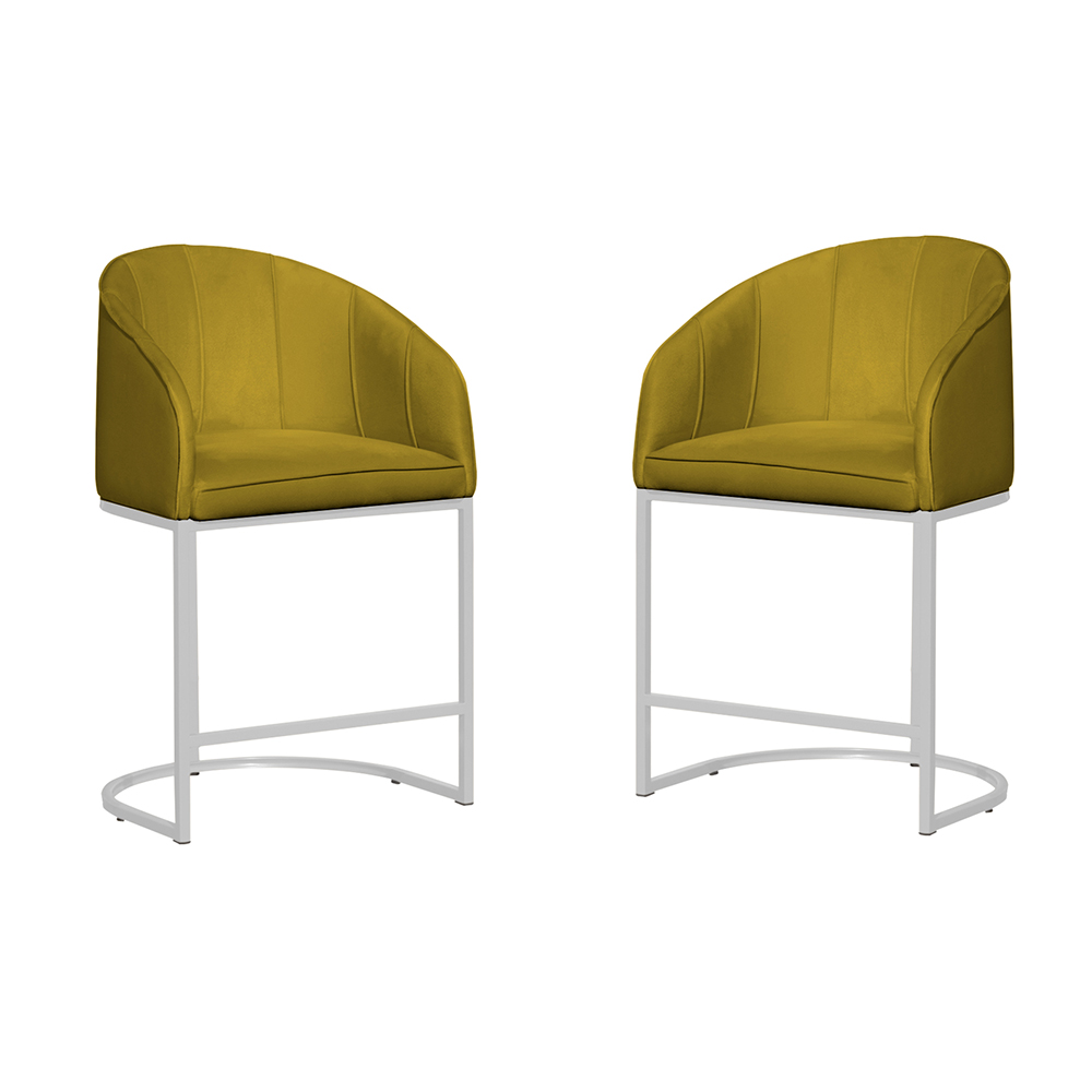 Kit 02 Poltronas Cadeira Banqueta Mia Base Branca Veludo Amarelo  - Montanaris Decor