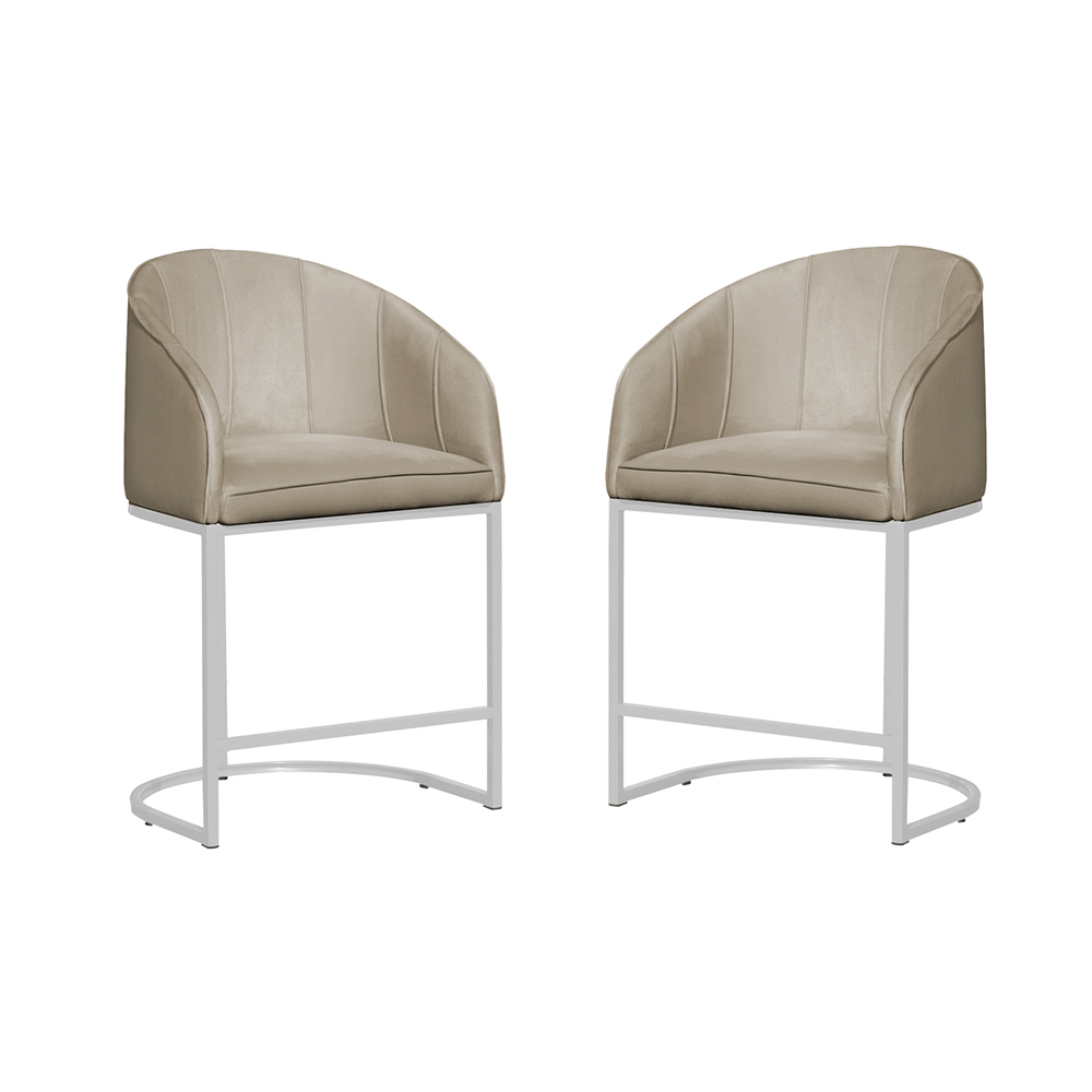Kit 02 Poltronas Cadeira Banqueta Mia Base Branca Veludo Bege - Montanaris Decor