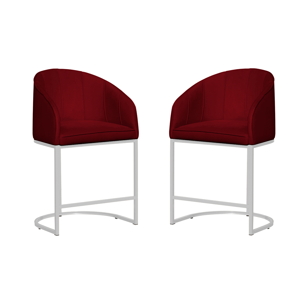 Kit 02 Poltronas Cadeira Banqueta Mia Base Branca Veludo Vermelho - Montanaris Decor